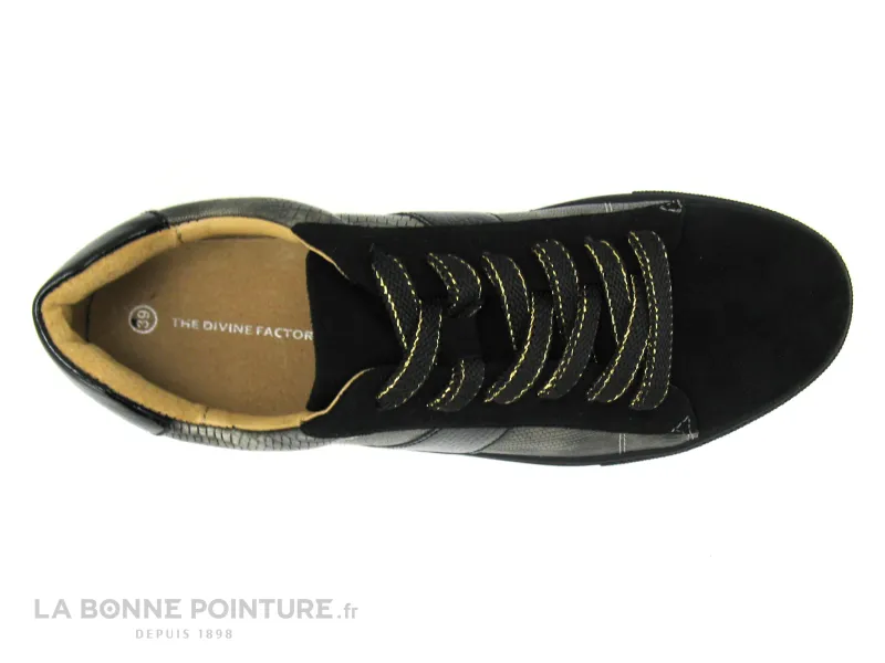 Achat chaussures The Divine Factory Femme Basket, vente The Divine Factory QL4501 Noir - Bronze reptile - Basket basse Femme