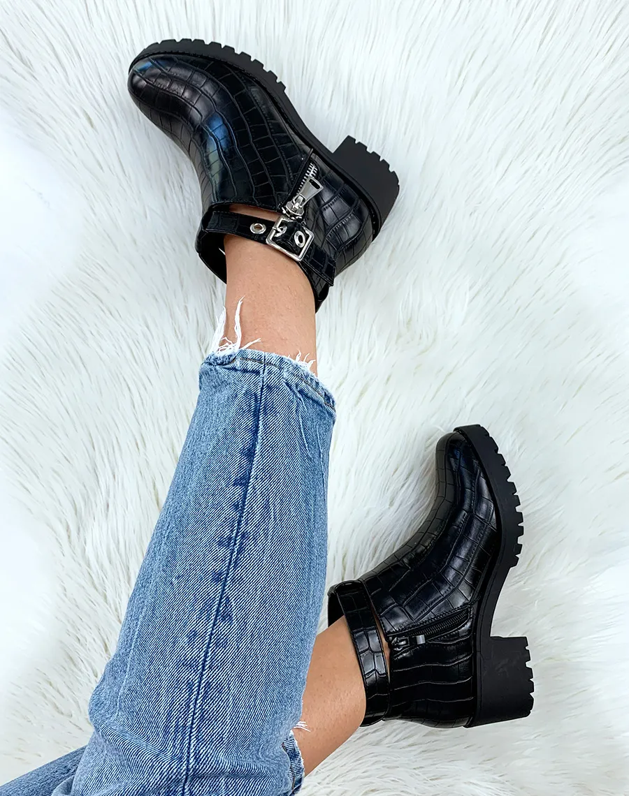 Bottines basses ouvertes noires effet croco