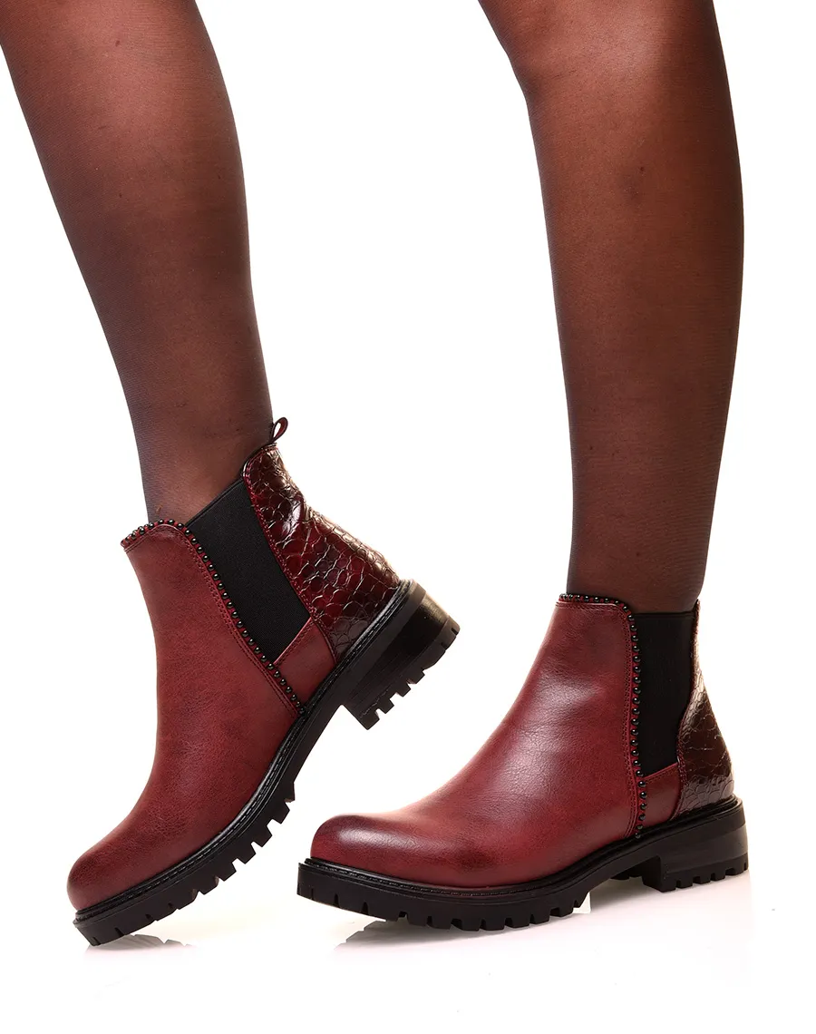 Bottines bordeaux bi-matières avec élastique