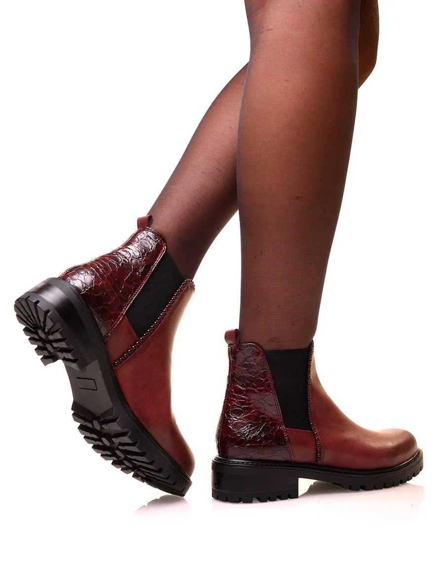 Bottines bordeaux bi-matières avec élastique