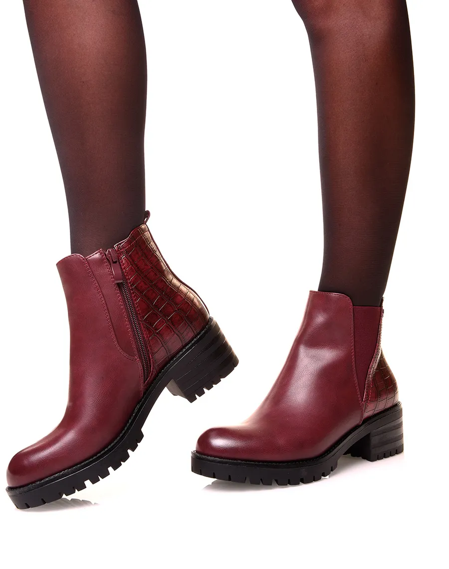 Bottines bordeaux bi-matières effet croco et élastique échancré