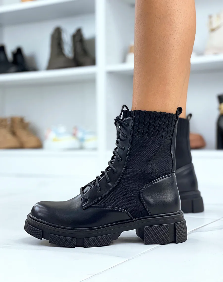 Bottines chaussette noires à lacet et semelle talonnée