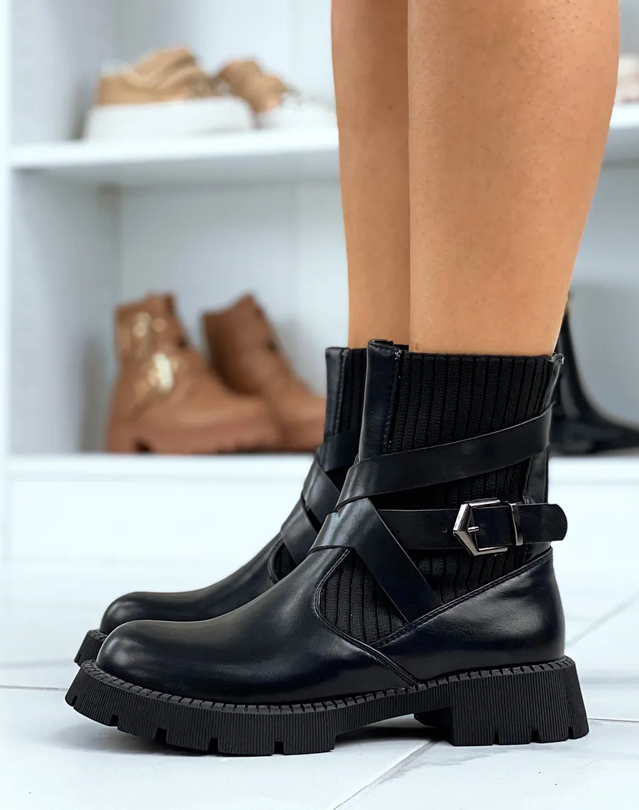 Bottines chaussette noires à multiples sangles et semelle talonnée