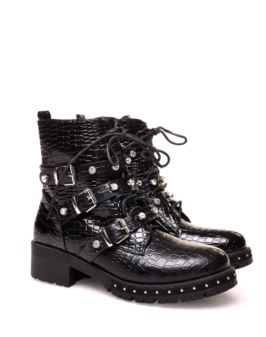 Bottines montante vernies noires à multiples sangles effet croco vernis