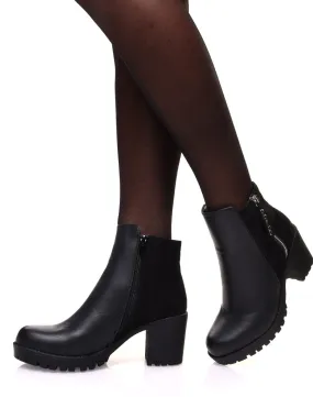 Bottines noires bi matières à talon mi haut