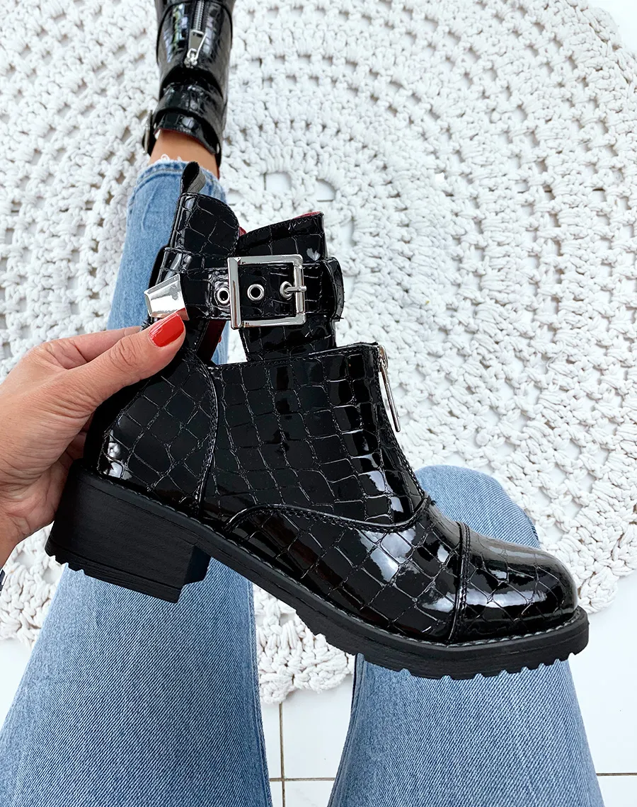 Bottines vernies noires ouverte en haut et à finition croco