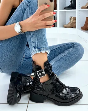 Bottines vernies noires ouverte en haut et à finition croco