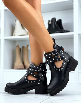 Bottines à talon mi-haut noires cloutées