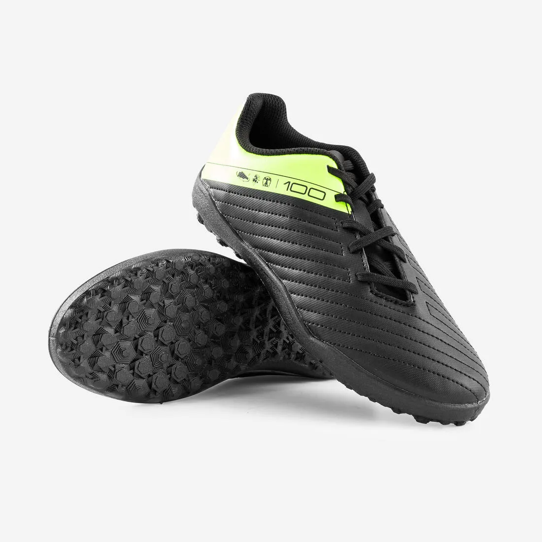 CHAUSSURES DE FOOTBALL ENFANT A LACETS 100 TURF TF NOIR ET JAUNE