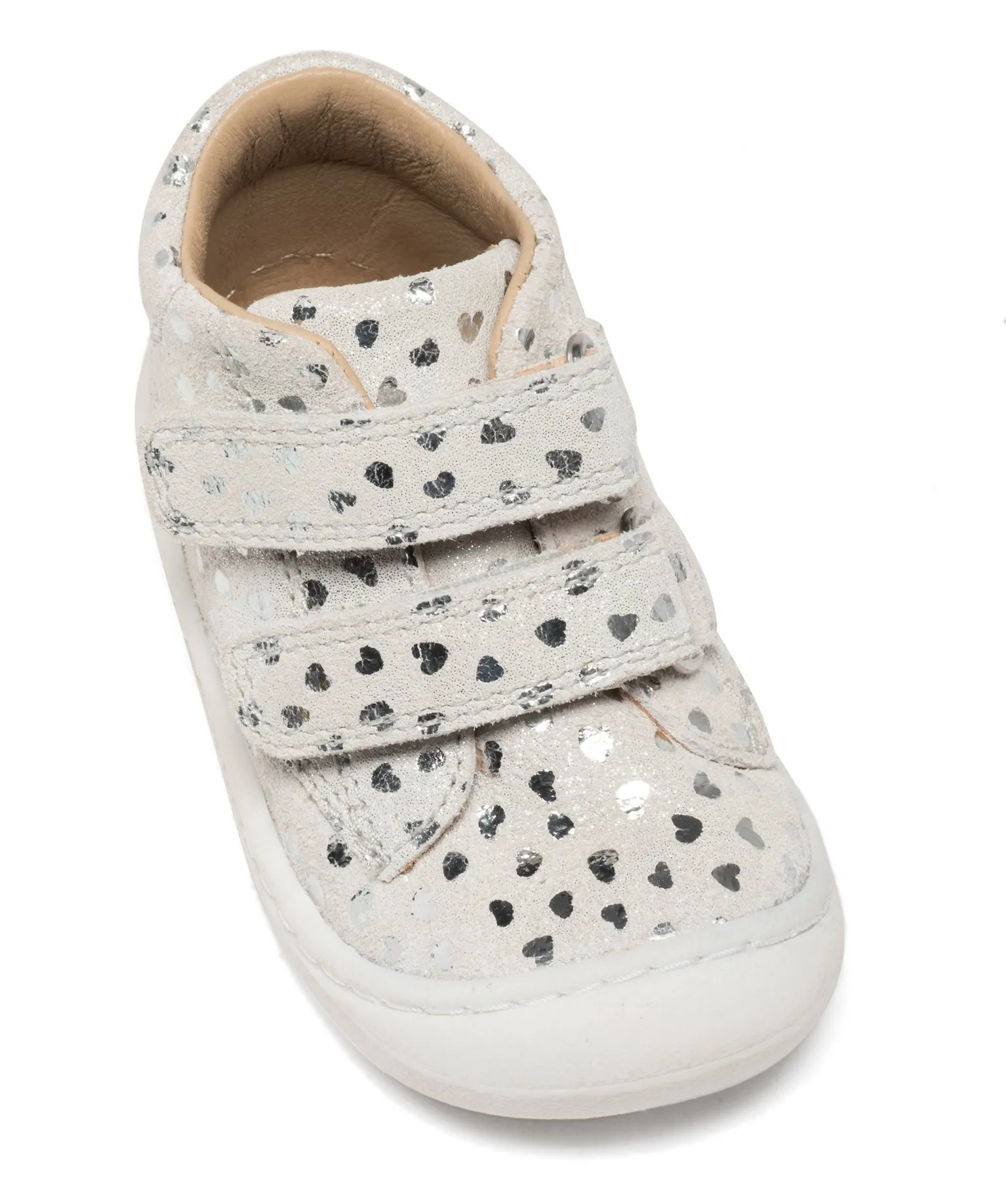 Chaussures premiers pas bébé fille en cuir suédé avec petits coeurs brillants et à scratch - NA! argente