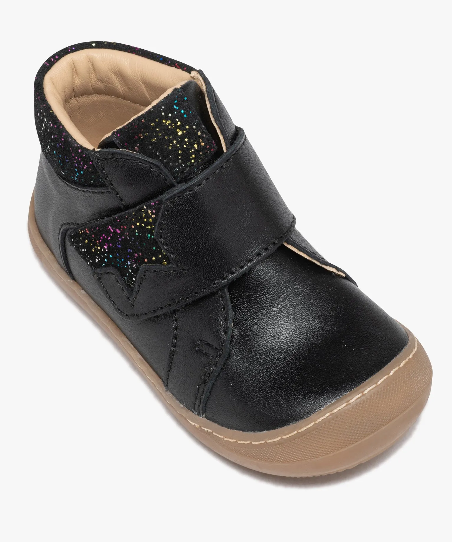 Chaussures premiers pas bébé fille en cuir uni avec col et languette à paillettes - NA! noir