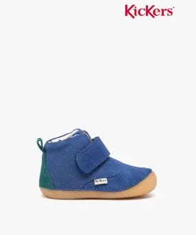 Chaussures premiers pas bébé garçon en cuir velours uni avec scratch - Kickers bleu