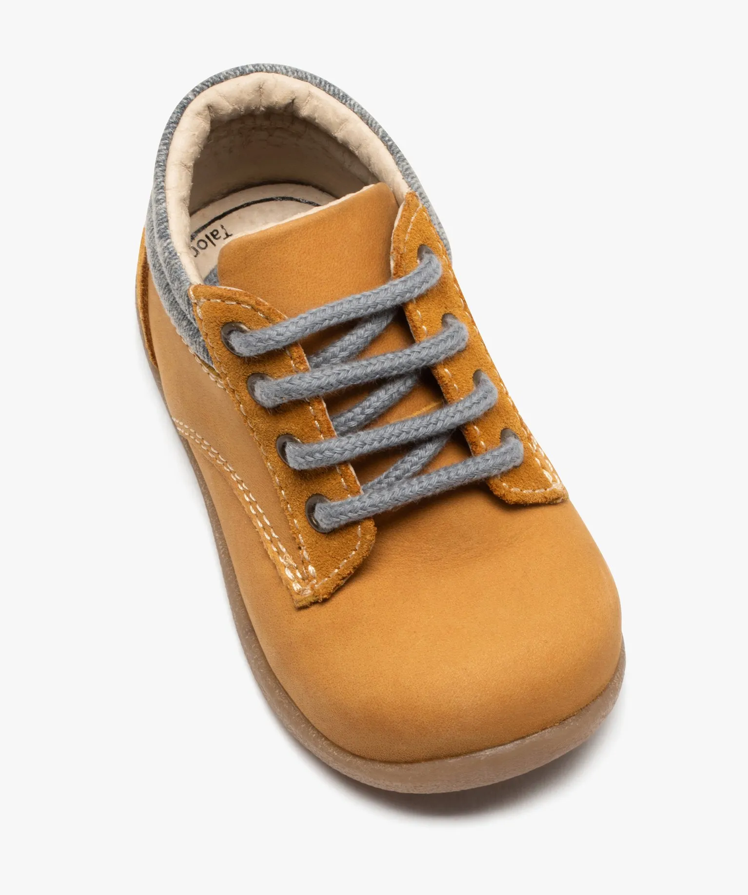 Chaussures premiers pas bébé garçon unies en cuir à col denim marron