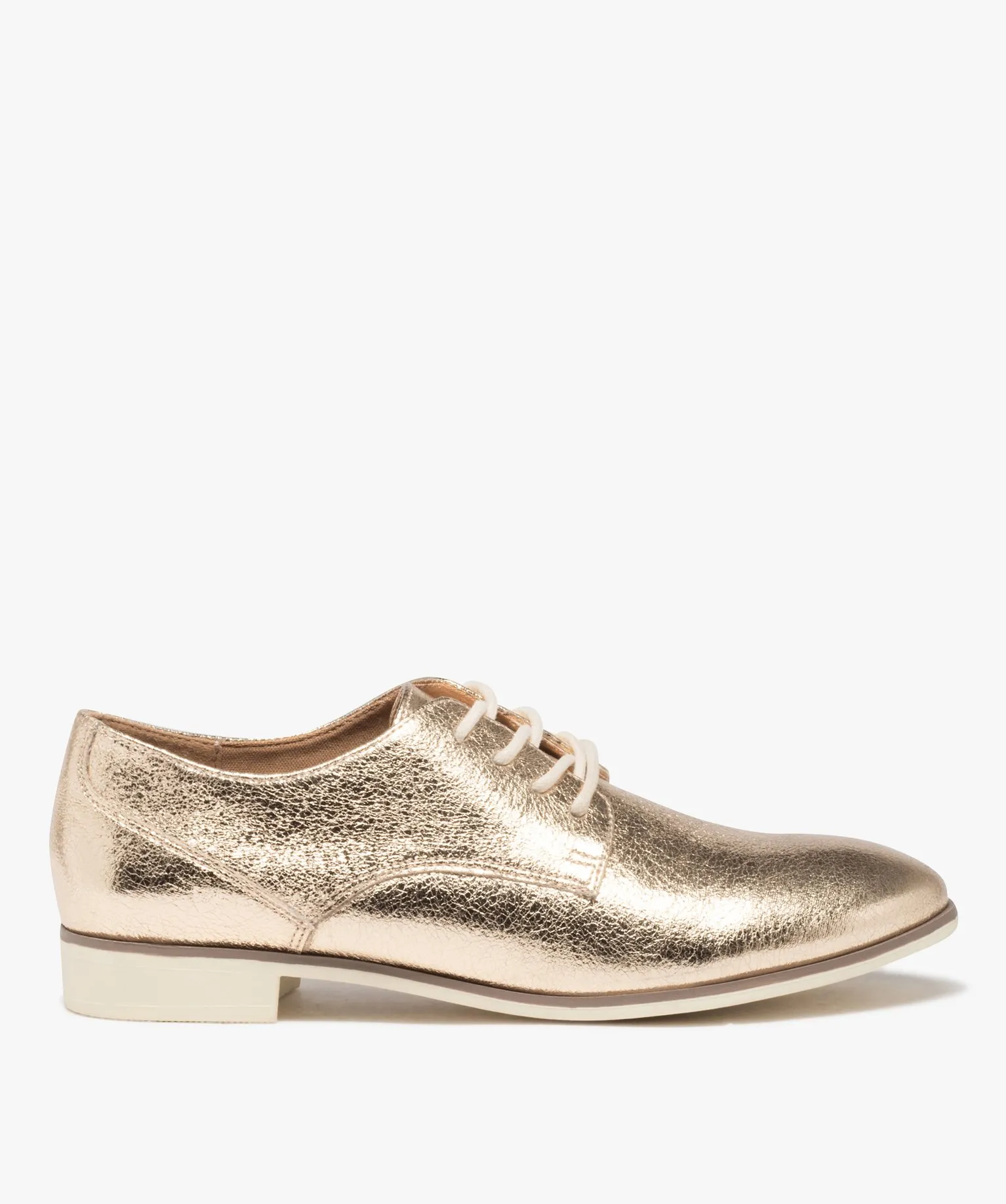 Derbies femme unis dessus brillant avec semelle fine bicolore dore