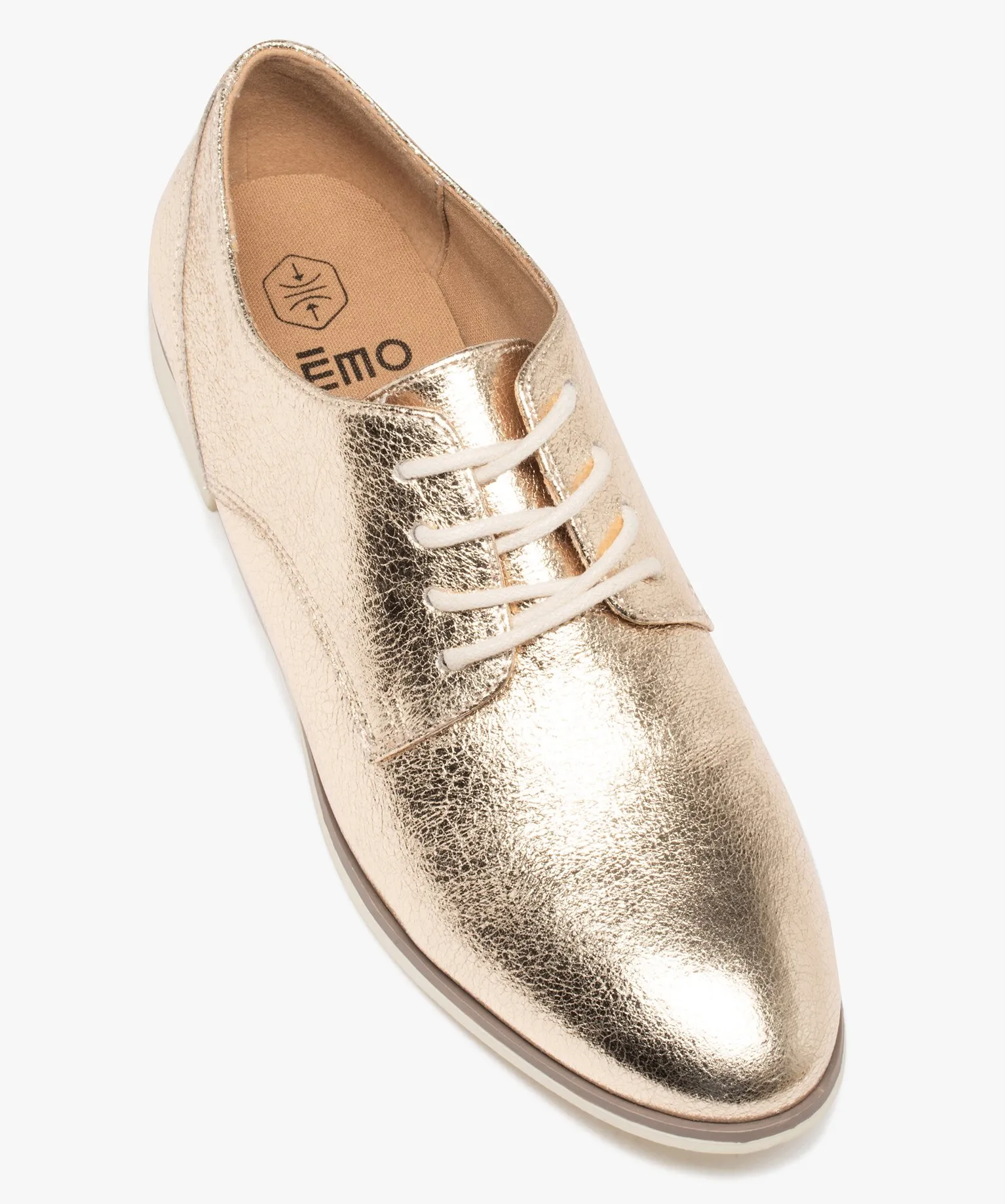 Derbies femme unis dessus brillant avec semelle fine bicolore dore