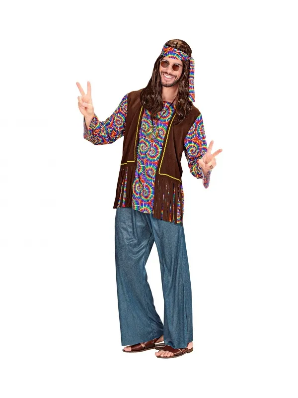 Déguisement Hippie Psychédélique Homme (chemise avec veste, pantalon, bandeau, collier)