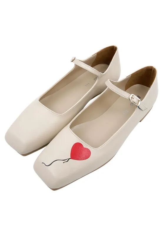 Femme Cuir Vegan Beige Chaussures Plates - Heart of the Balloon Motif