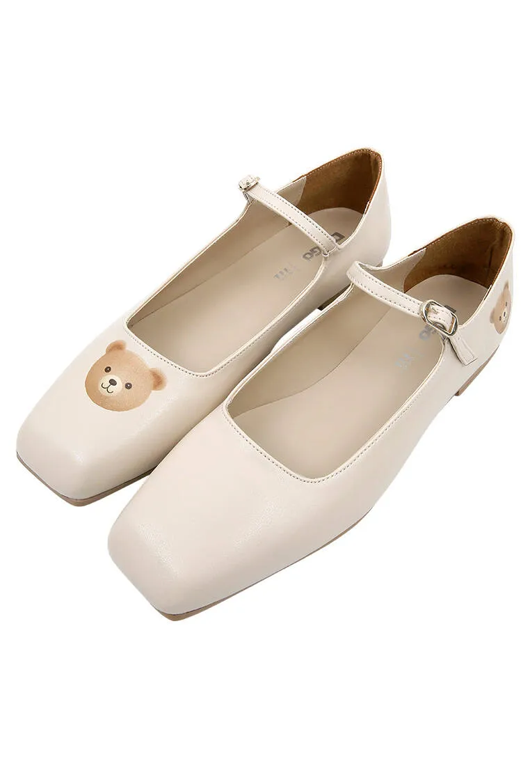 Femme Cuir Vegan Beige Chaussures Plates - Teddy Motif