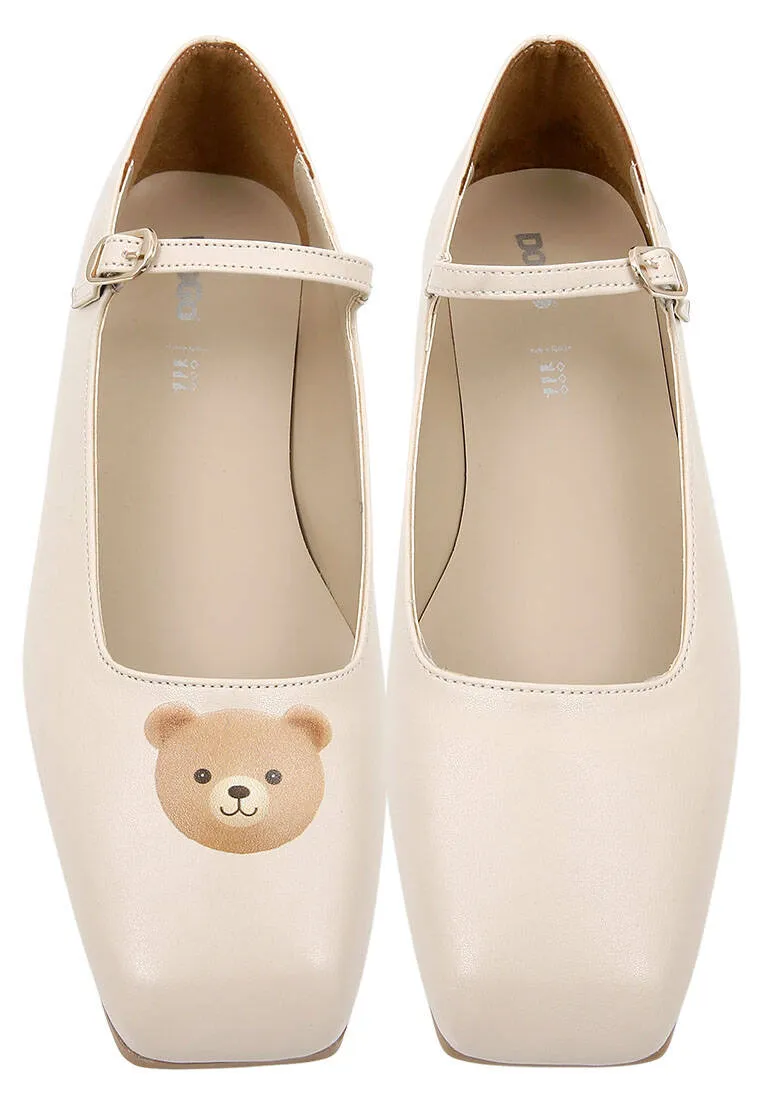 Femme Cuir Vegan Beige Chaussures Plates - Teddy Motif