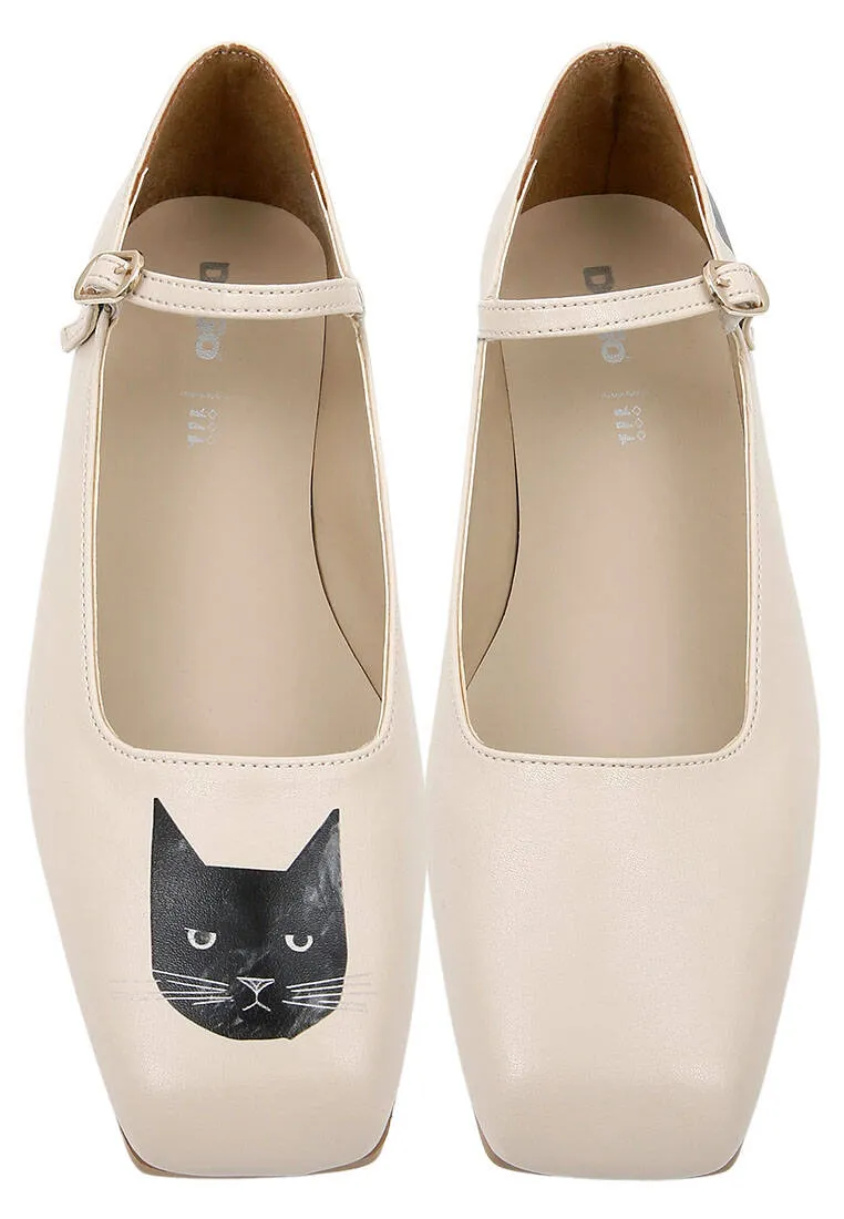 Femme Cuir Vegan Beige Chaussures Plates - Whiskers and Purrs Motif