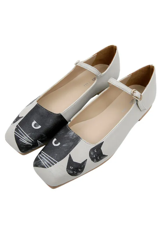 Femme Cuir Vegan Gris Chaussures Plates - The Many Faces of a Cat Motif