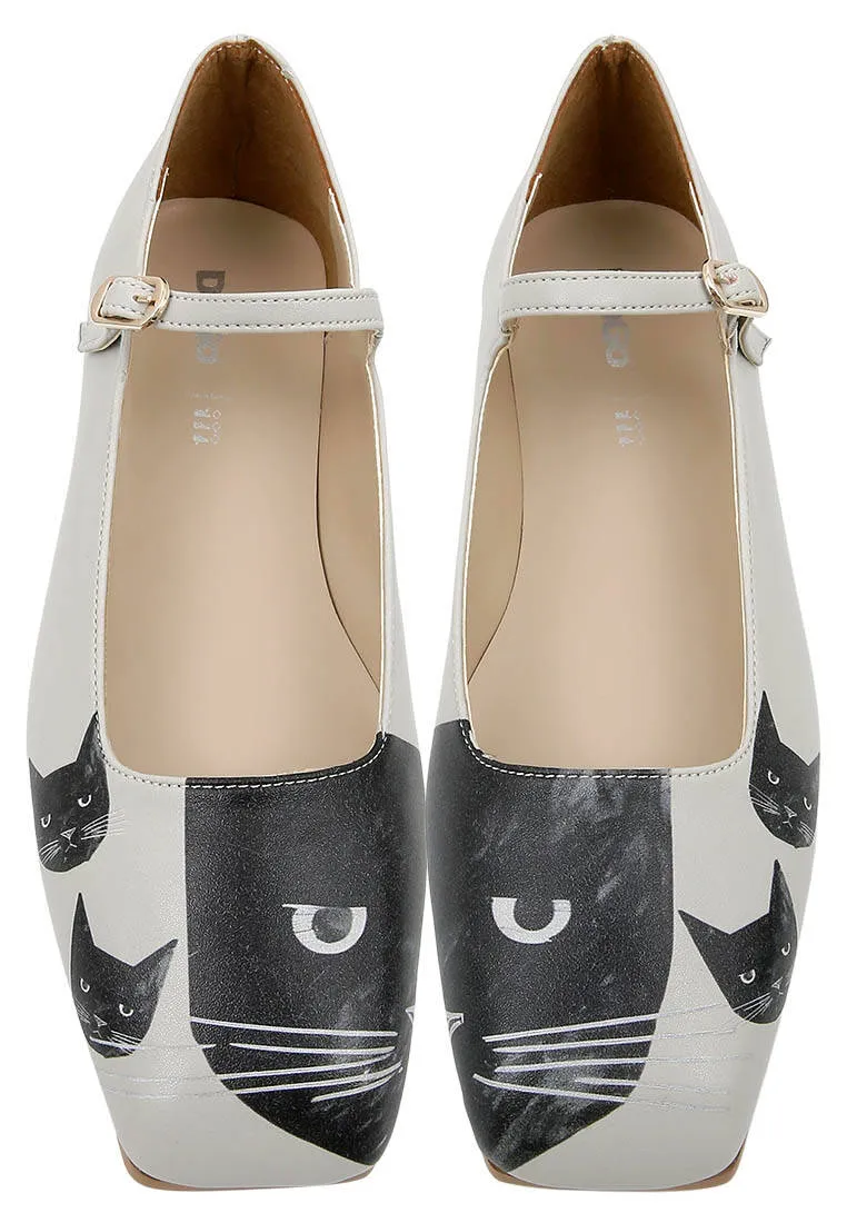 Femme Cuir Vegan Gris Chaussures Plates - The Many Faces of a Cat Motif