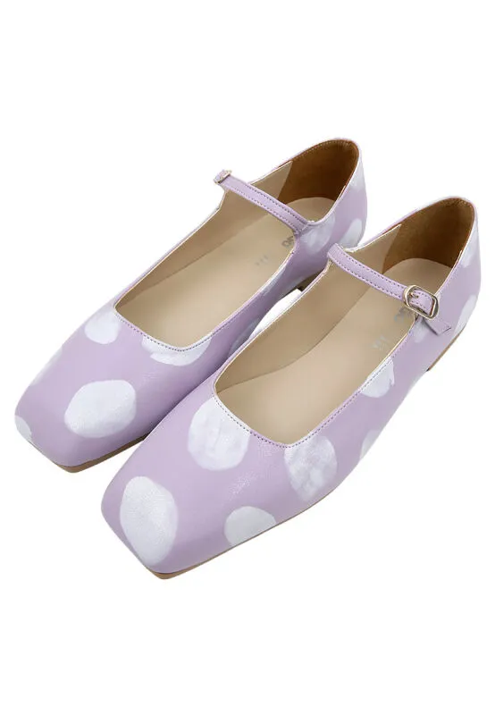 Femme Cuir Vegan Lilas Chaussures Plates - Brush Dots White Motif