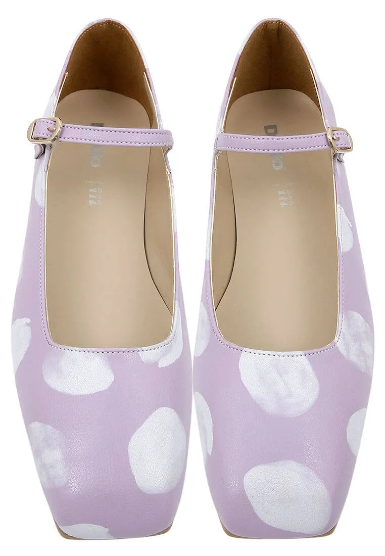 Femme Cuir Vegan Lilas Chaussures Plates - Brush Dots White Motif