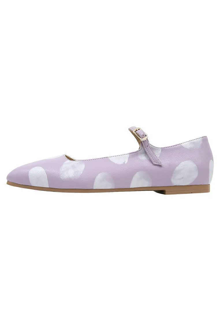 Femme Cuir Vegan Lilas Chaussures Plates - Brush Dots White Motif