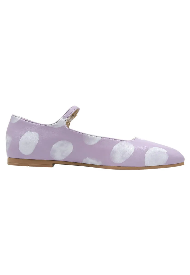 Femme Cuir Vegan Lilas Chaussures Plates - Brush Dots White Motif