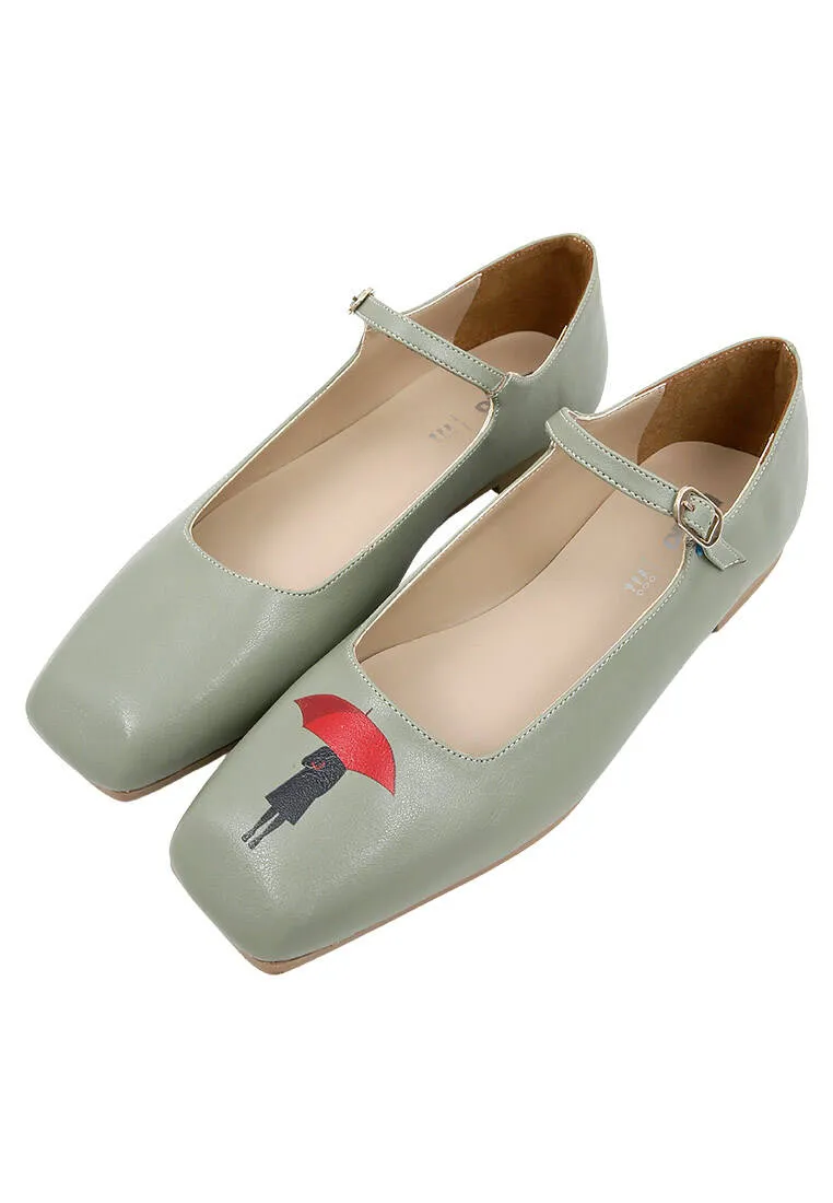 Femme Cuir Vegan Vert Chaussures Plates - Under My Umbrella Motif