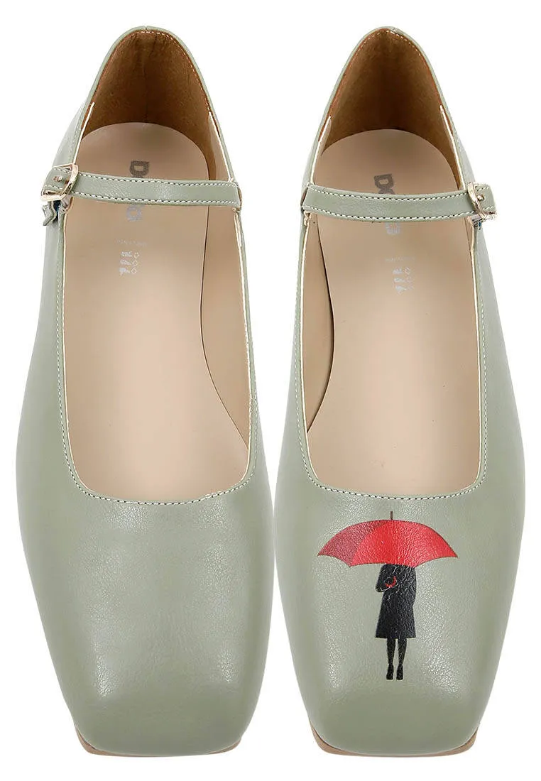 Femme Cuir Vegan Vert Chaussures Plates - Under My Umbrella Motif