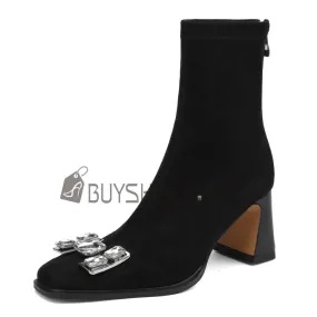 Moderne Chaussettes Talon Carré Confort Fourrées Strass A Talon Mi Haut Bottines Stretch Talons Epais Noeud Daim Femme