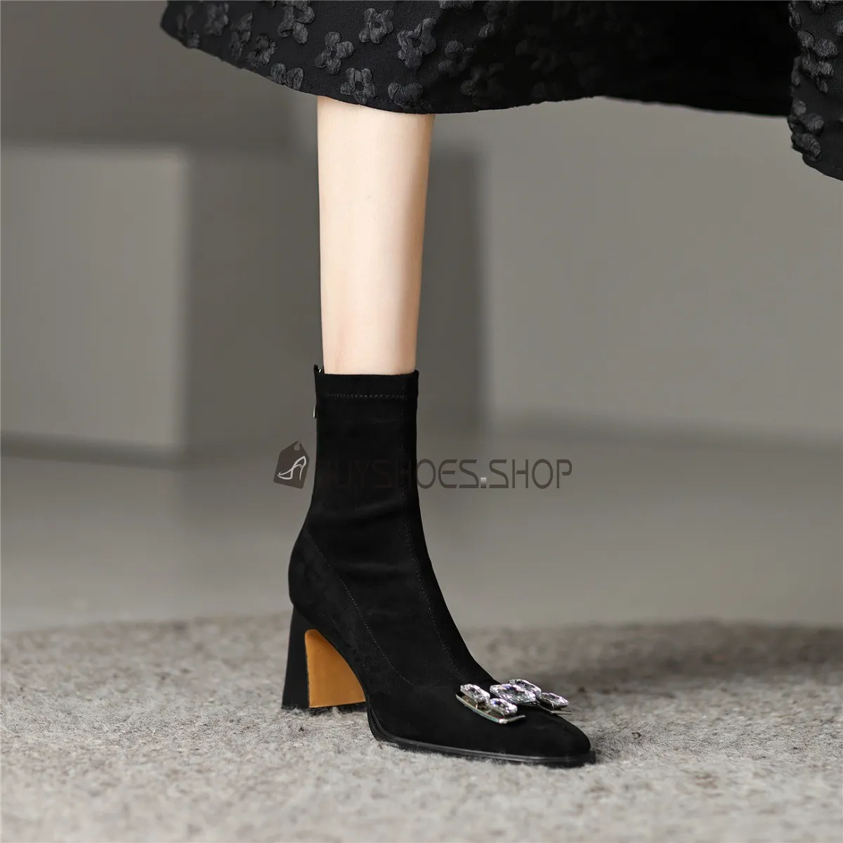 Moderne Chaussettes Talon Carré Confort Fourrées Strass A Talon Mi Haut Bottines Stretch Talons Epais Noeud Daim Femme