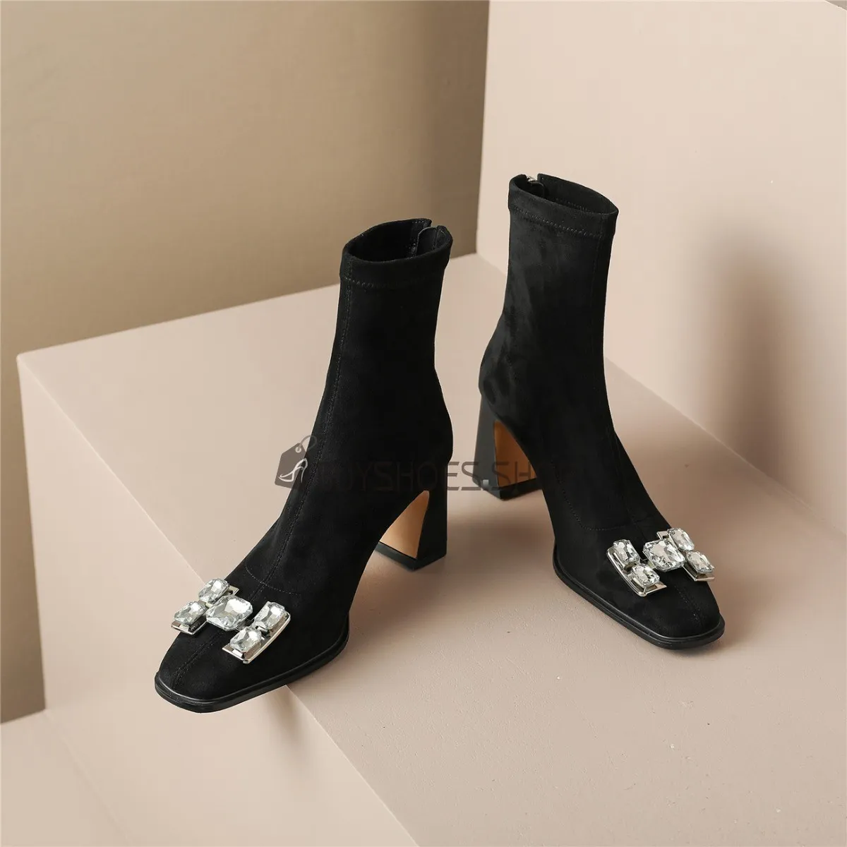 Moderne Chaussettes Talon Carré Confort Fourrées Strass A Talon Mi Haut Bottines Stretch Talons Epais Noeud Daim Femme