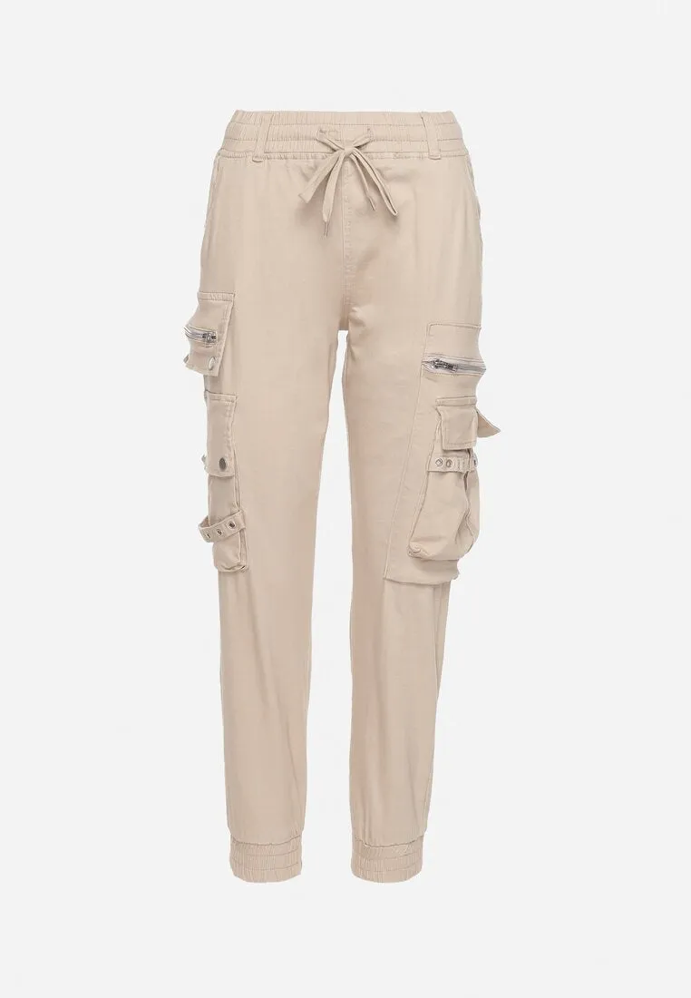 Pantalon cargo beige avec taille élastique multi poches