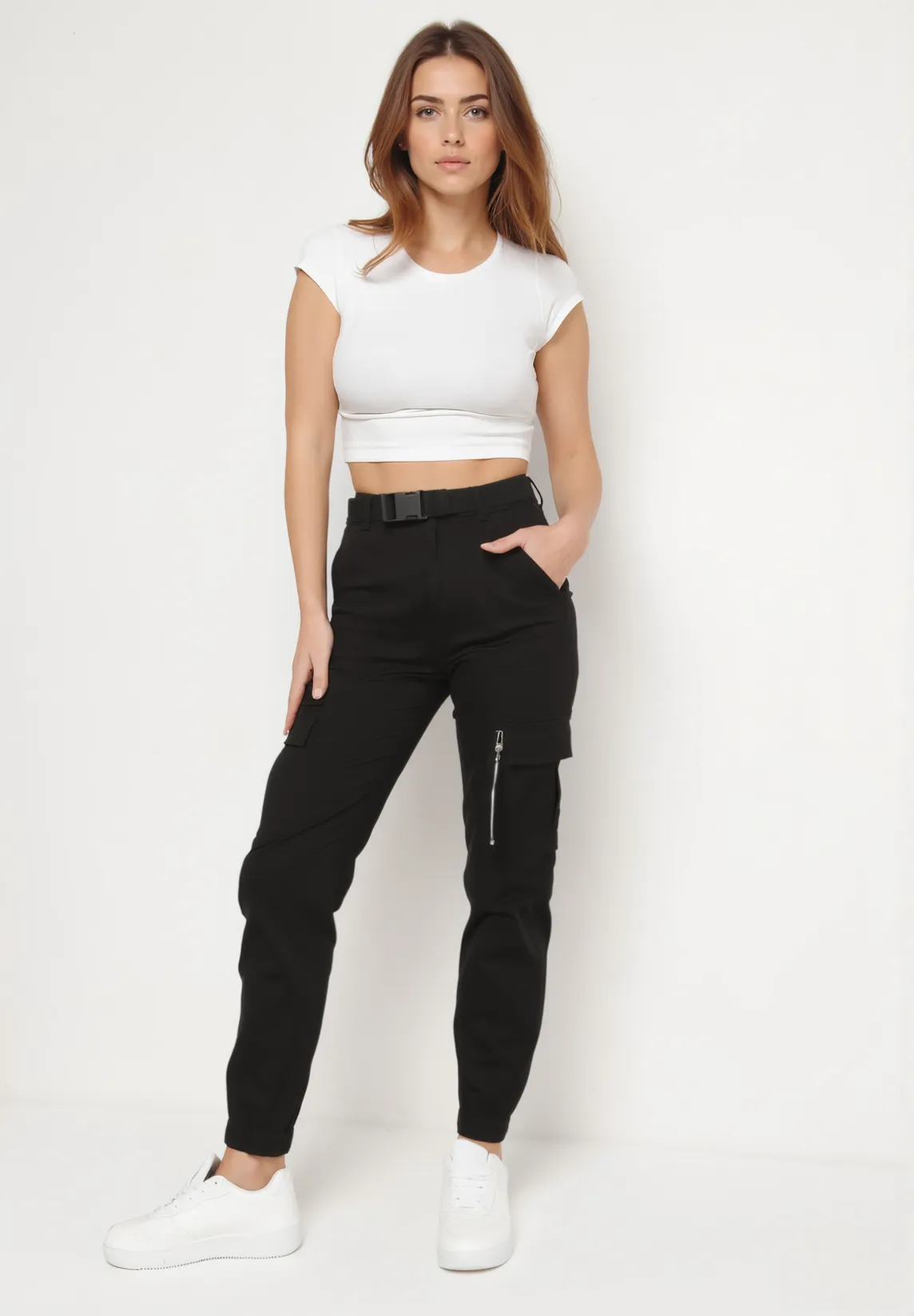 Pantalon cargo en coton noir avec ceinture