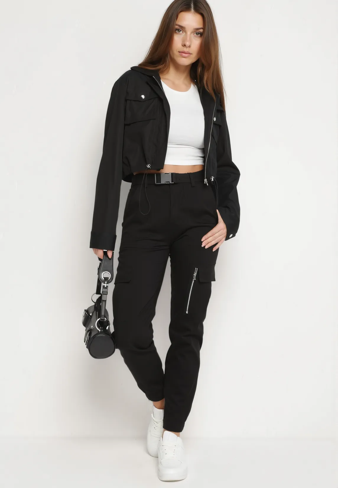 Pantalon cargo en coton noir avec ceinture