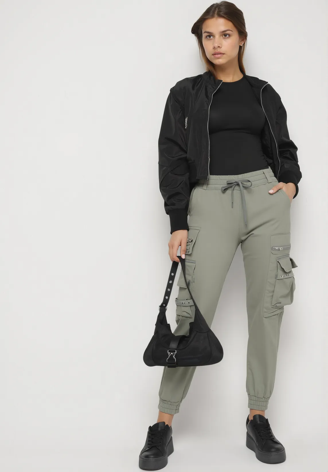 Pantalon cargo kaki avec taille élastique multi poches