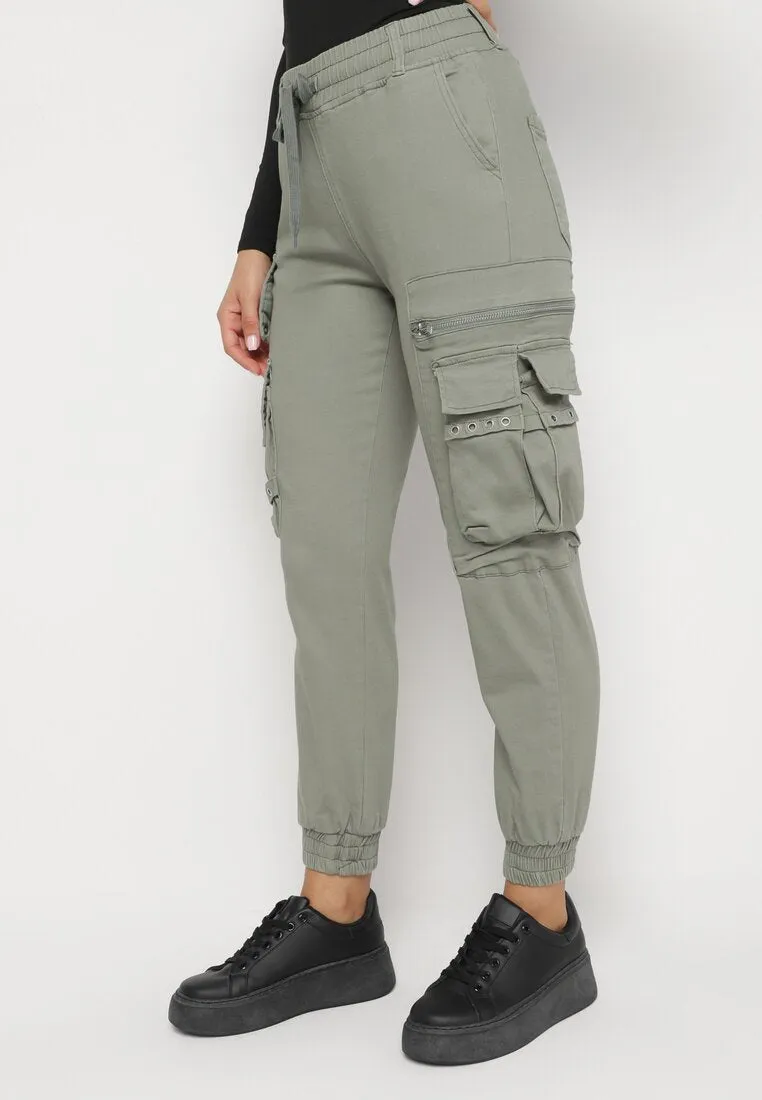 Pantalon cargo kaki avec taille élastique multi poches