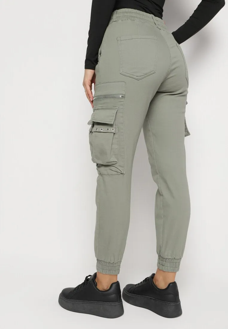 Pantalon cargo kaki avec taille élastique multi poches