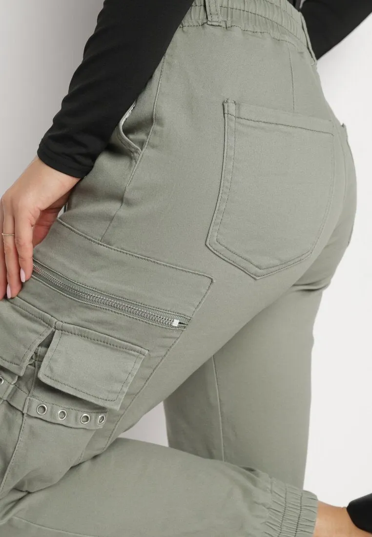 Pantalon cargo kaki avec taille élastique multi poches