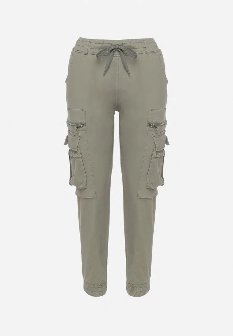 Pantalon cargo kaki avec taille élastique multi poches