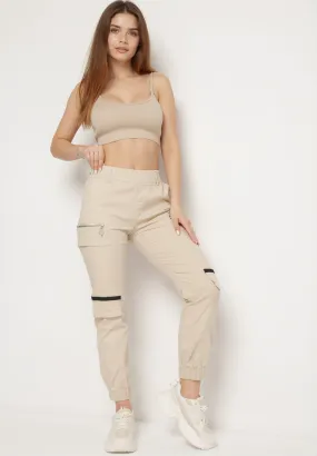 Pantalon de cargo beige en coton avec taille élastique