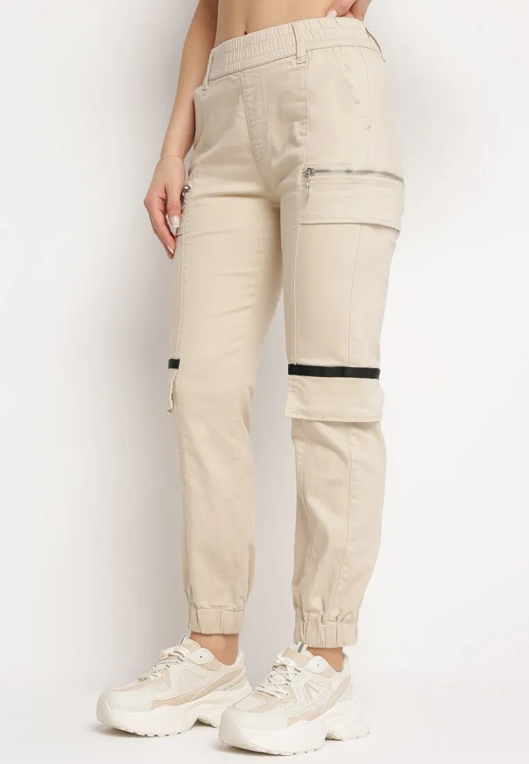 Pantalon de cargo beige en coton avec taille élastique