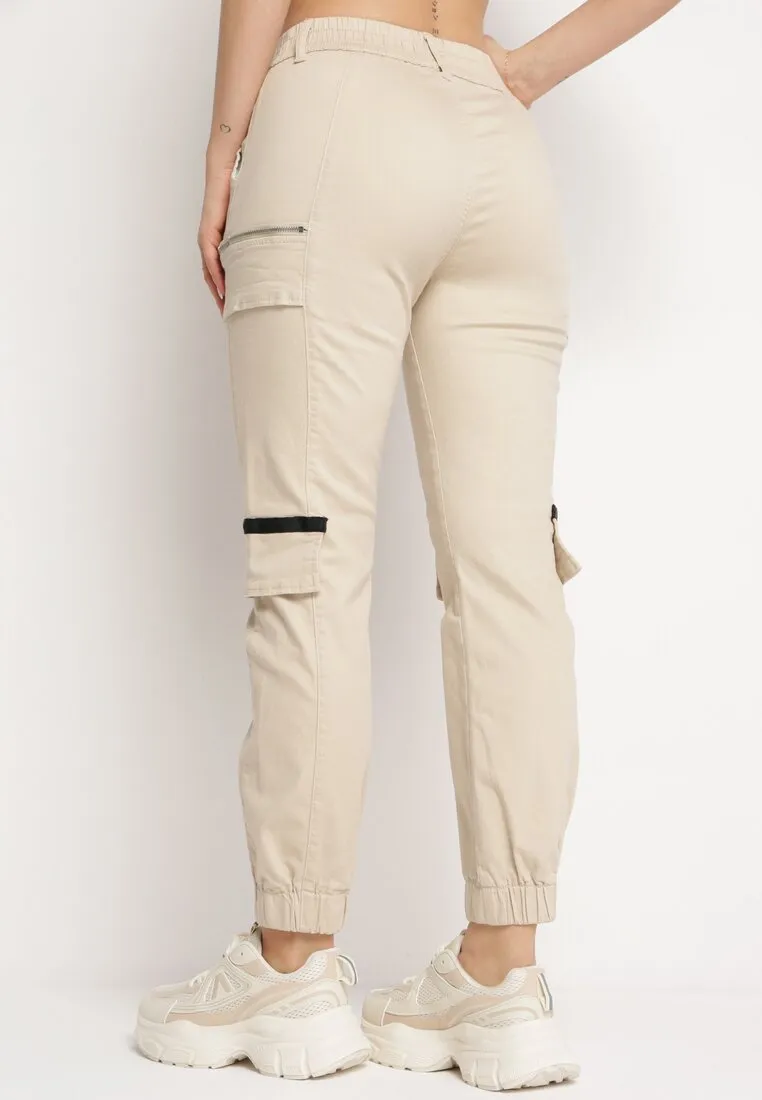 Pantalon de cargo beige en coton avec taille élastique