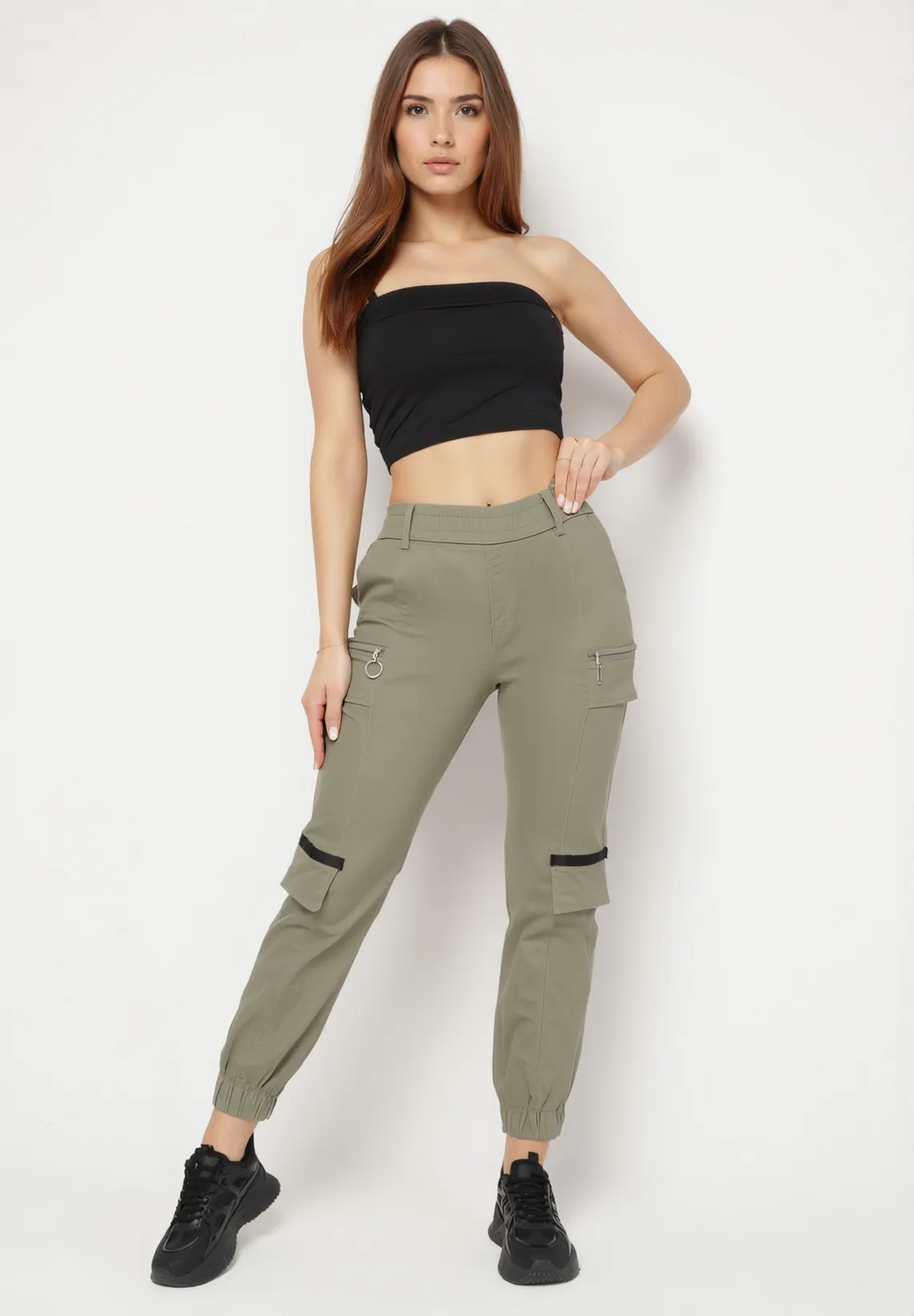 Pantalon de cargo kaki en coton avec taille élastique