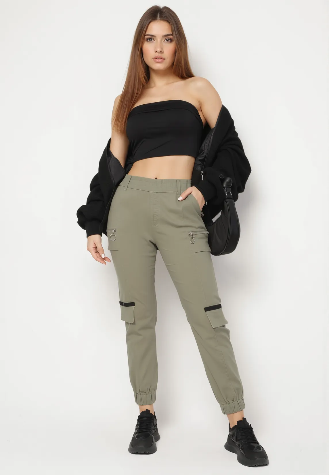 Pantalon de cargo kaki en coton avec taille élastique