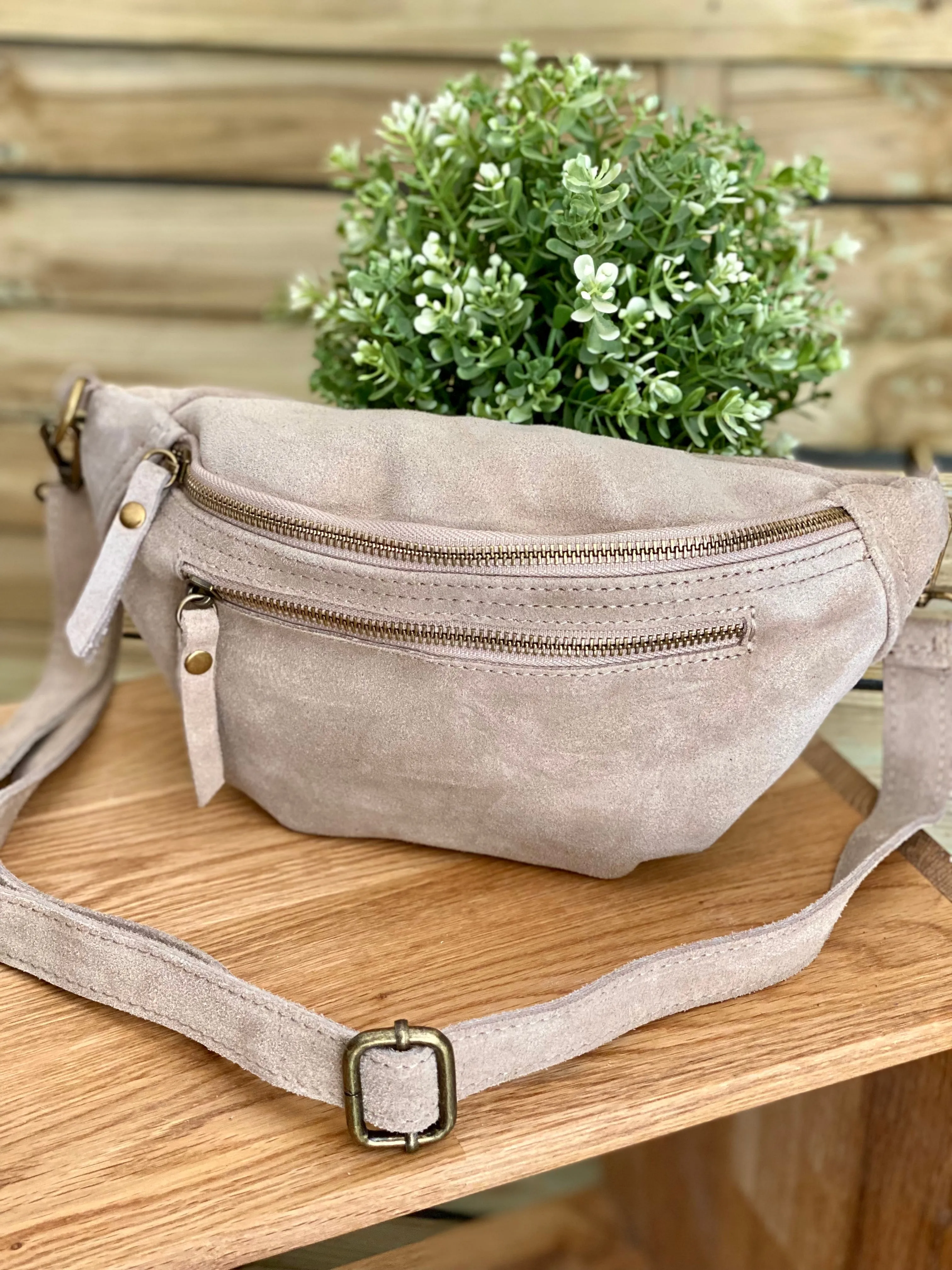 Sac banane double poche en cuir daim - OPALINE - Beige (14 coloris)