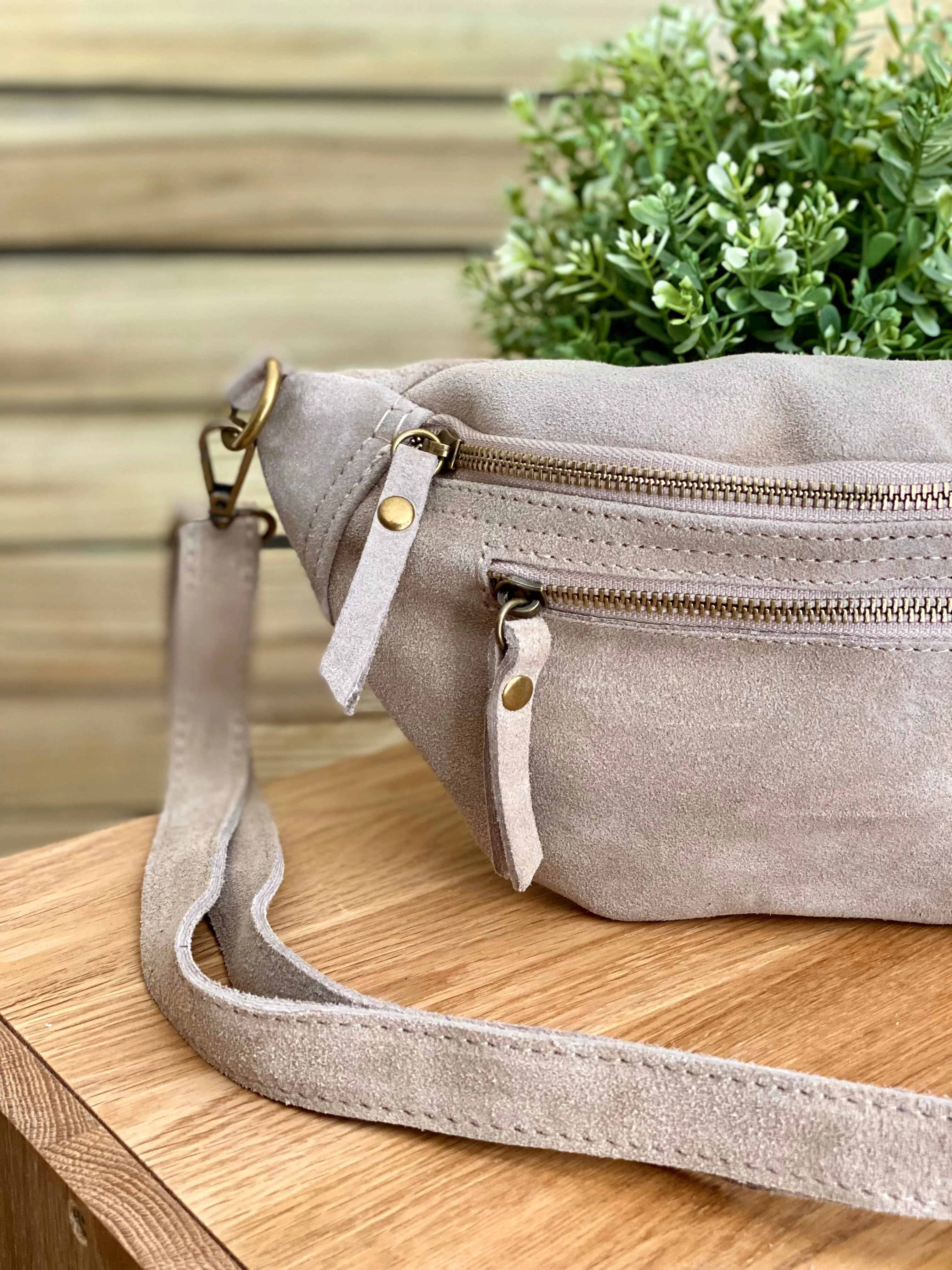 Sac banane double poche en cuir daim - OPALINE - Beige (14 coloris)